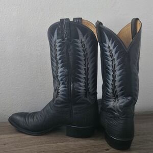 Black label vintage 8612 leather cowboy boots white blue stitching Tony Lama